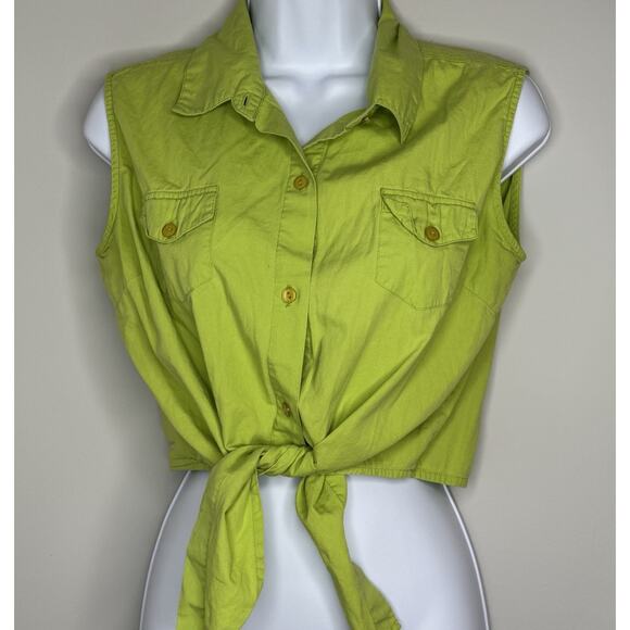 VTG 90s Sleeveless Collared Cropped Tie Waist Blouse Top M Brat Green Y2K Preppy - Picture 1 of 10